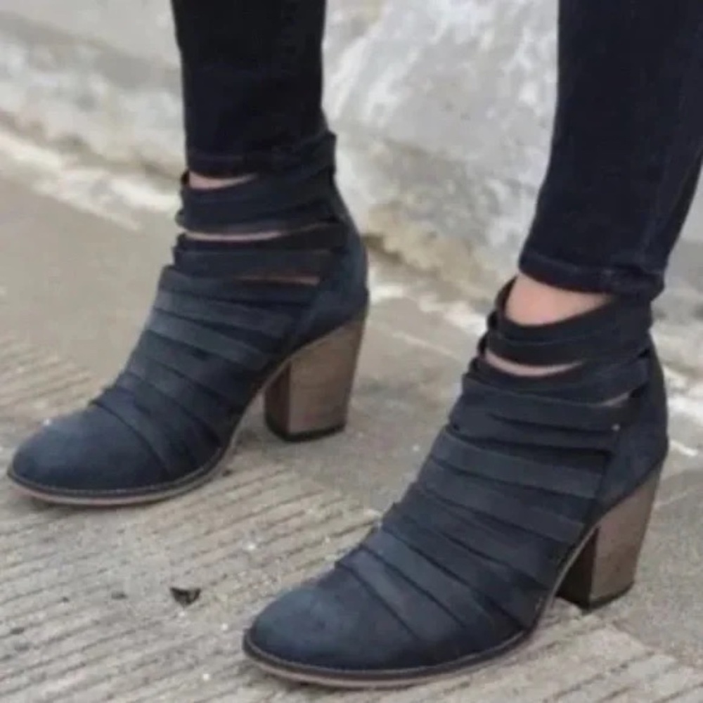 Free People Strappy Black Ankle Boots with Brown Heel